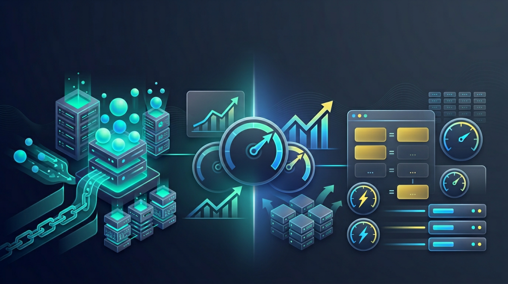 Illustration showing Redis and Memcached side by side with in-memory database icons, speed gauges, and server nodes representing caching, performance, and scalability