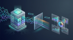 Illustration of a semantic layer sitting between a data warehouse and BI dashboards, mapping technical tables into clear business metrics and dimensions for users
