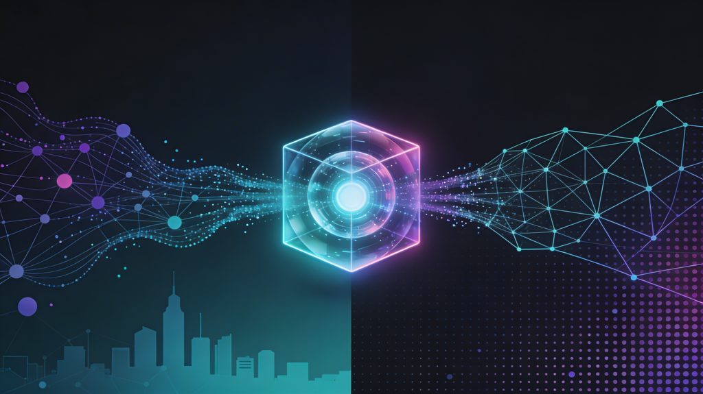Illustration comparing synthetic data and real data with charts, databases, and AI models, highlighting privacy-safe synthetic datasets versus real-world data sources