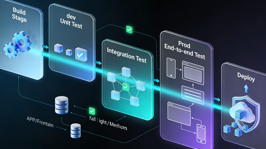 Illustration of a CI/CD pipeline with interconnected test stages for unit, integration, and end-to-end testing, showing orchestration across multiple services and environments