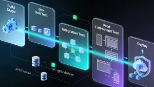 Illustration of a CI/CD pipeline with interconnected test stages for unit, integration, and end-to-end testing, showing orchestration across multiple services and environments