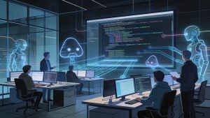 Illustration of software engineers supervising AI agents that generate code in a modern engineering workspace