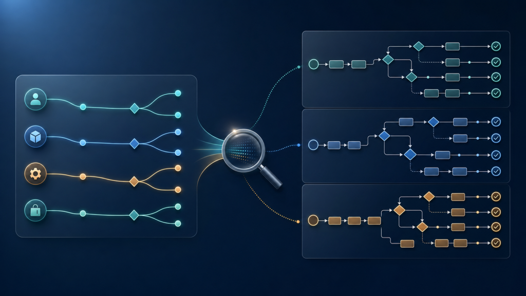 Illustration comparing test scenarios and test cases, with high-level feature flows on one side and detailed step-by-step test checklists on the other for software testing