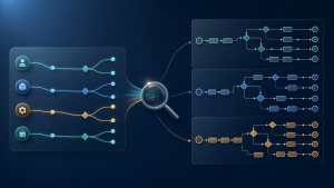 Illustration comparing test scenarios and test cases, with high-level feature flows on one side and detailed step-by-step test checklists on the other for software testing