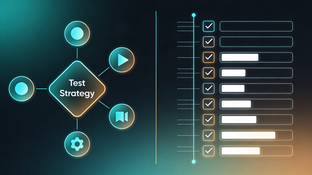 Illustration showing a high-level software test strategy diagram on one side and a detailed test plan checklist with test cases and timelines on the other side