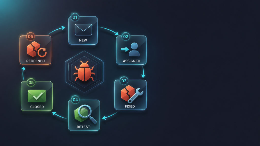 Illustration of a bug life cycle showing stages like new, assigned, fixed, retest, closed, and reopened connected in a loop to represent defect workflow in software testing