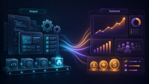 Illustration comparing output and outcome with code and feature icons on one side and graphs, user engagement, and value metrics on the other to show impact vs deliverables