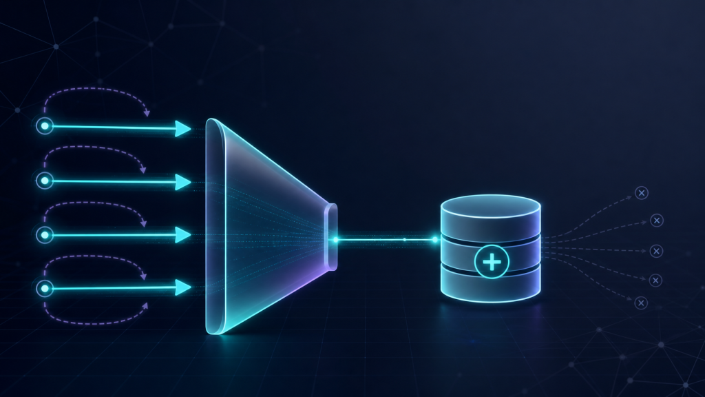Illustration of an API endpoint with repeated HTTP requests flowing through a gateway to a single consistent database update, representing idempotent REST API retries without duplicate effects