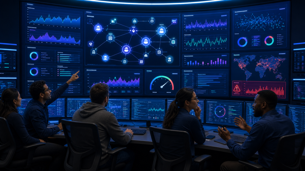 DevOps engineers reviewing a monitoring dashboard that shows AI agent performance, stability, and security metrics in a modern operations room