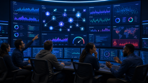 DevOps engineers reviewing a monitoring dashboard that shows AI agent performance, stability, and security metrics in a modern operations room