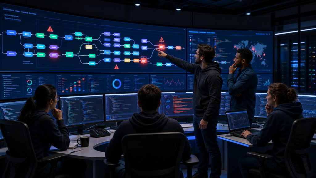 DevOps engineers examining an AI-generated CI/CD pipeline on multiple monitors with alerts and configuration diagrams