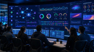 DevOps engineers reviewing a large monitoring dashboard with AI-driven performance, stability, and security metrics in a modern operations room