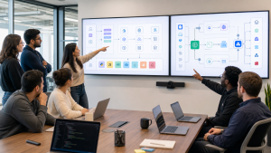 Engineering team in a modern office reviewing architecture diagrams showing SDK generation and AI API integrations on large screens