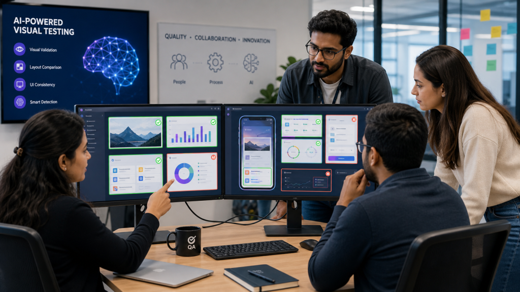 QA engineers reviewing automated test results on complex, visually rich user interfaces powered by computer vision