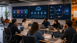 Developers collaborating in a modern workspace with diagrams of sandboxed plugins, serverless infrastructure, and AI workflows on large screens