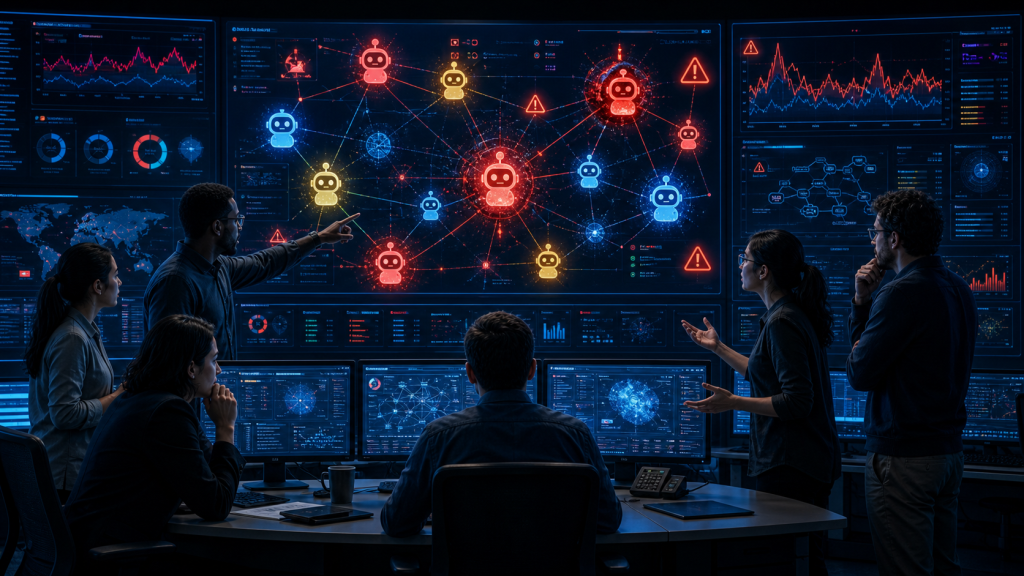 Engineering team in a control room reviewing dashboards showing unstable AI agents and system alerts across multiple screens