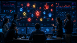 Engineering team in a control room reviewing dashboards showing unstable AI agents and system alerts across multiple screens