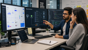 Full stack developer collaborating at a desk with frontend UI designs and backend architecture diagrams on multiple screens