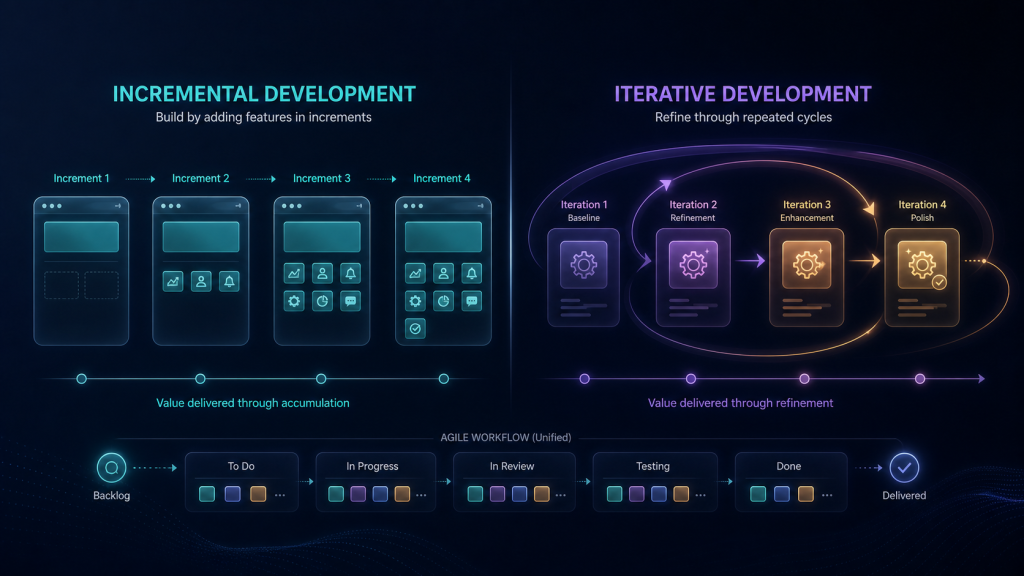 Illustration comparing incremental development adding new features step by step and iterative development refining the same feature over repeated cycles in an Agile workflow