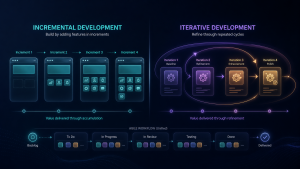 Illustration comparing incremental development adding new features step by step and iterative development refining the same feature over repeated cycles in an Agile workflow