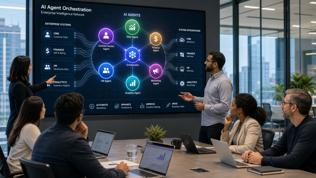 Enterprise team viewing a dashboard that visualizes multiple AI agents connected to business systems and workflows