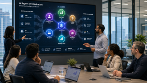 Enterprise team viewing a dashboard that visualizes multiple AI agents connected to business systems and workflows