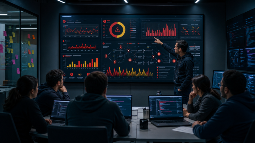 Quality engineering team analyzing a dashboard of failing and flaky automated tests in a modern software delivery war room