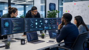 Team of React developers analyzing security diagrams and code on multiple screens in a modern office
