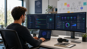Developer at a desk using multiple modern coding, testing and collaboration tools on large screens