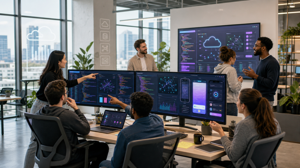 Group of developers collaborating in a modern workspace with AI-powered coding dashboards and app previews on large screens
