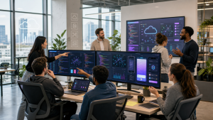Group of developers collaborating in a modern workspace with AI-powered coding dashboards and app previews on large screens