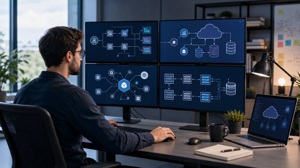 Backend developer working at a desk with diagrams of servers, databases, and APIs on multiple screens