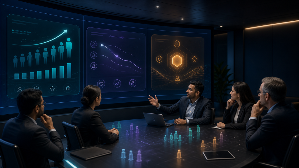 Illustration of GCC leaders reviewing talent analytics dashboards and employer branding metrics that highlight career growth, retention, and EVP insights for 2026