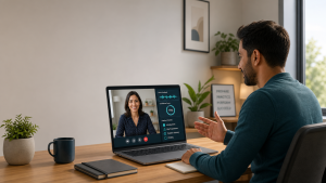 Illustration of a candidate in a professional home office setting speaking on a video call, with a laptop screen showing a virtual interviewer and practice tools representing InterviewIQ
